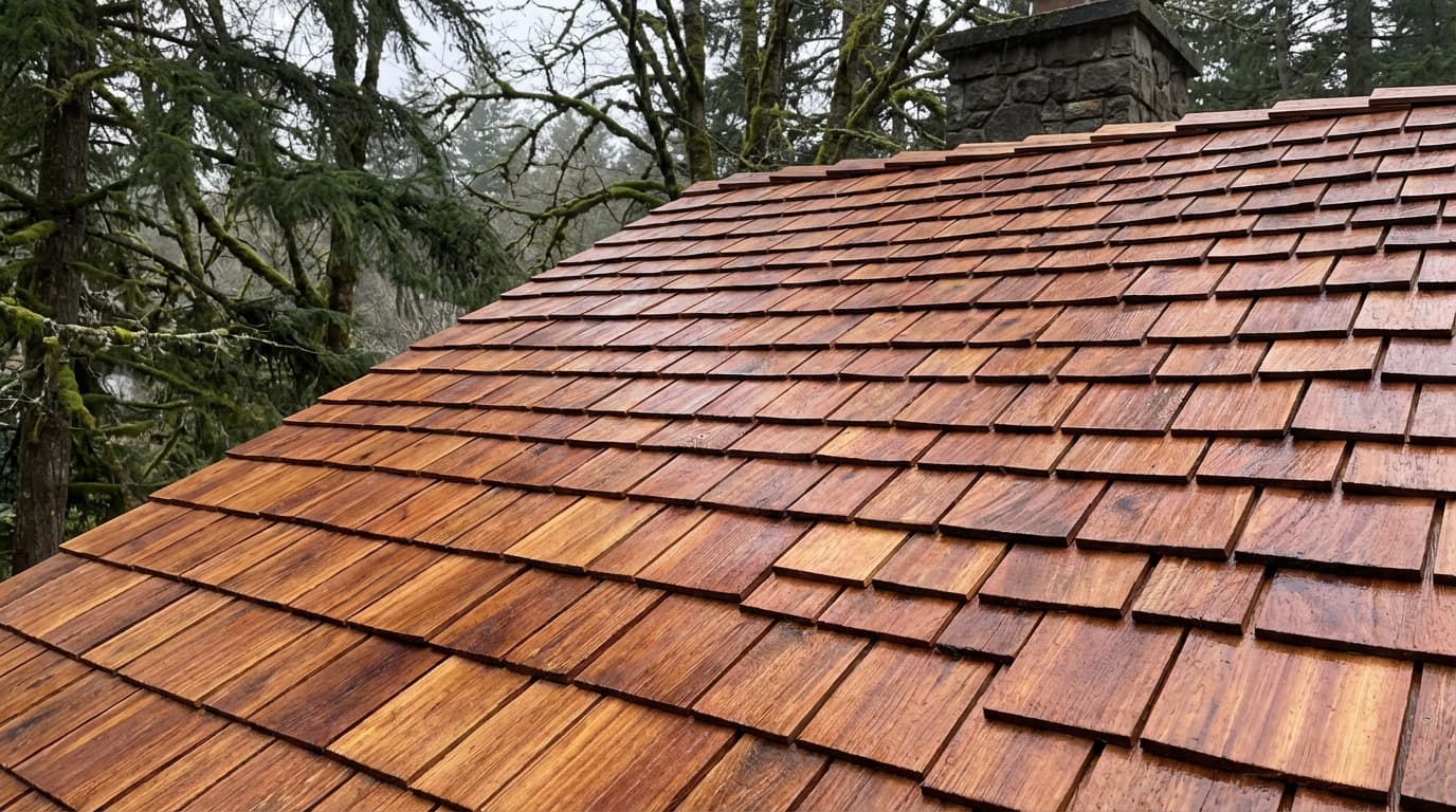 Freshly installed western red cedar shake roof on a Eugene Craftsman, Douglas firs in background