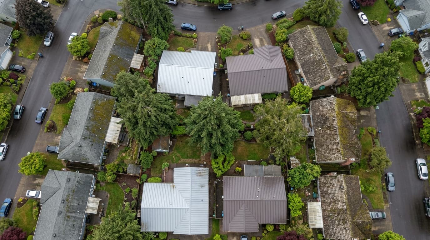Overhead view of an Eugene-area residential neighborhood showing the mix of roof types and Pacific Northwest tree canopy