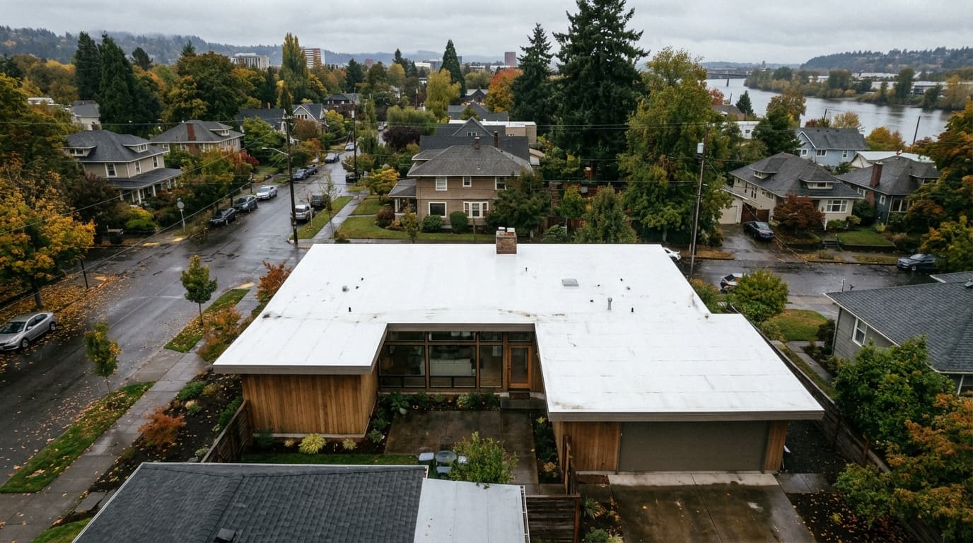 Aerial view of an Eugene mid-century home with flat roof in a residential neighborhood