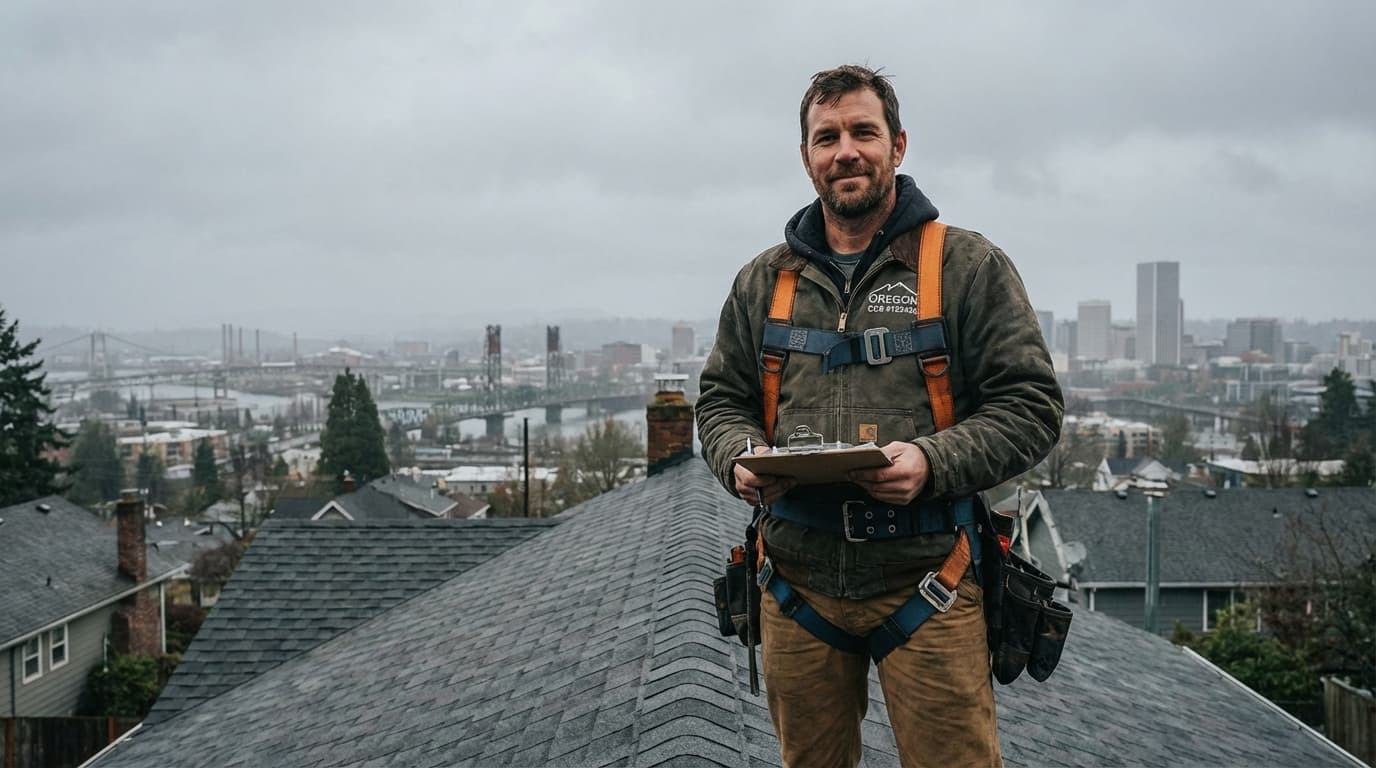 CCB-licensed Eugene-area roofer with clipboard standing on a completed residential roof, Pacific Northwest tree canopy in background