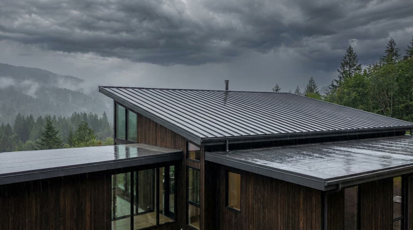 Eugene home with charcoal standing seam metal roof under Pacific Northwest cloud cover