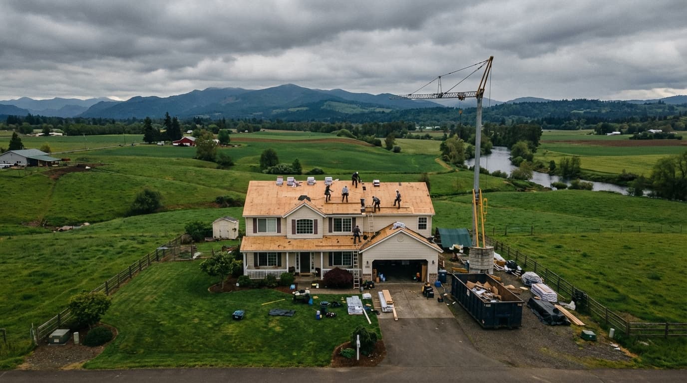 Eugene and Lane County residential neighborhood rooftops under Pacific Northwest tree canopy