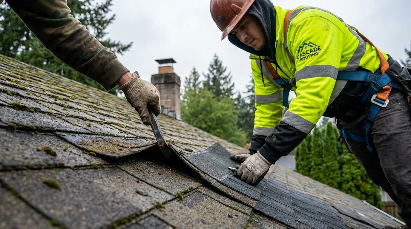 Eugene-area roofer in safety gear replacing damaged asphalt shingles on a residential roof