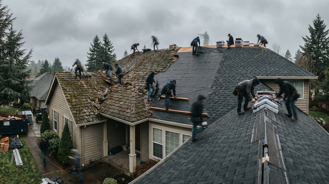 Eugene roofing crew performing a residential replacement on a Pacific Northwest home